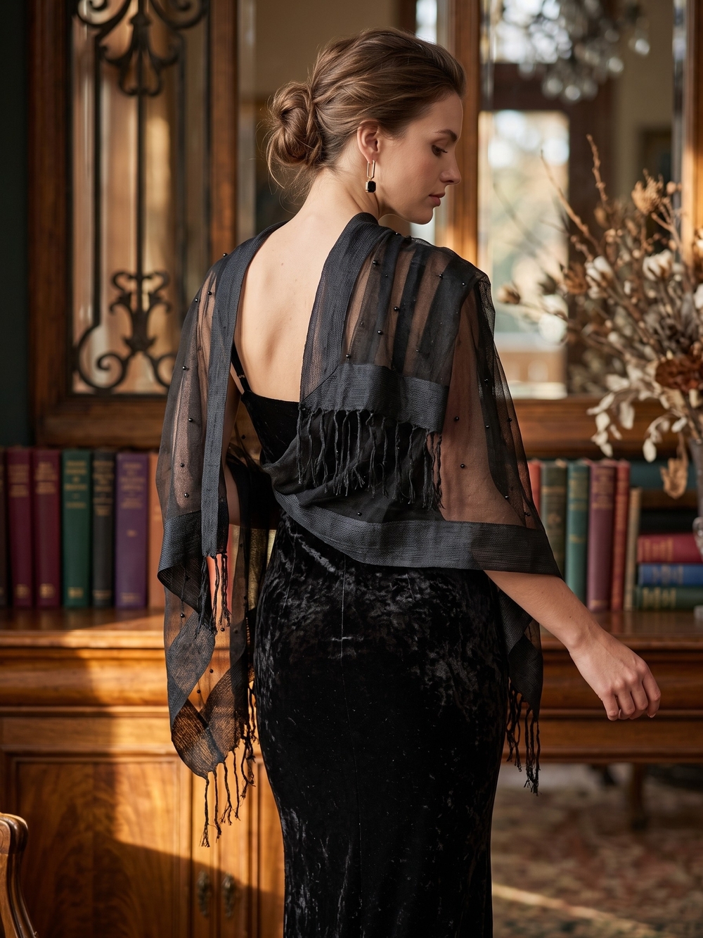Black Sheer Pearl Fringed Evening Shawl Wrap Dark Romance Gothic Glam